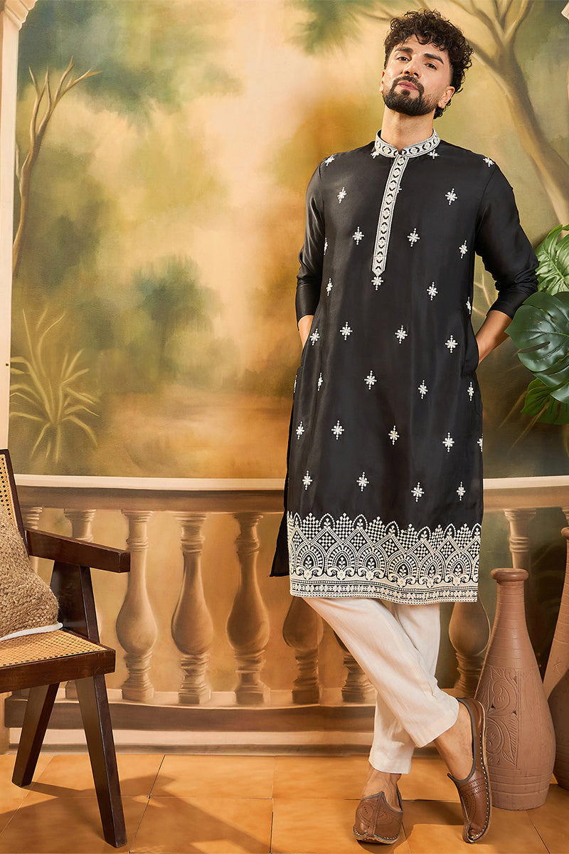 Black Silk Blend Solid Embroidered Straight Kurta | SHOBITAM