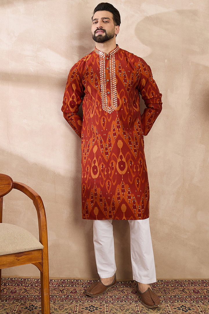 Orange Silk Blend Chevron Printed Straight Kurta For Men | SHOBITAM