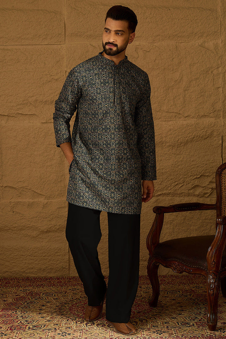 Navy Blue Viscose Rayon Geometric Printed Straight Kurta  | SHOBITAM
