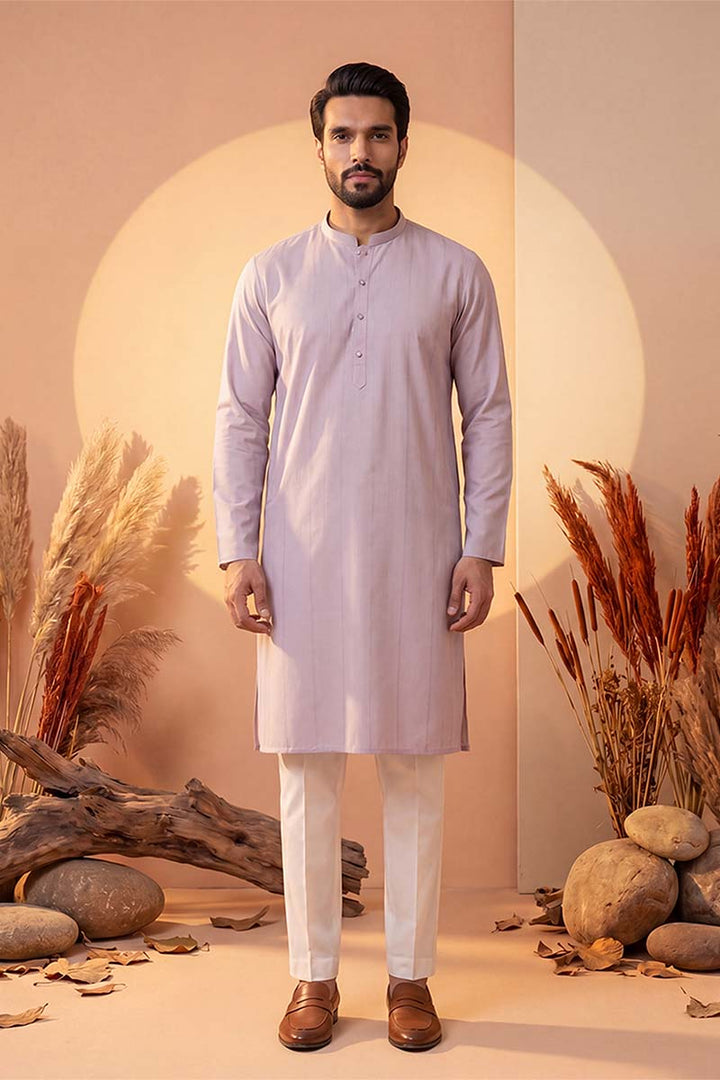 Mens Lavender Silk Blend Solid Kurta With Trousers | SHOBITAM