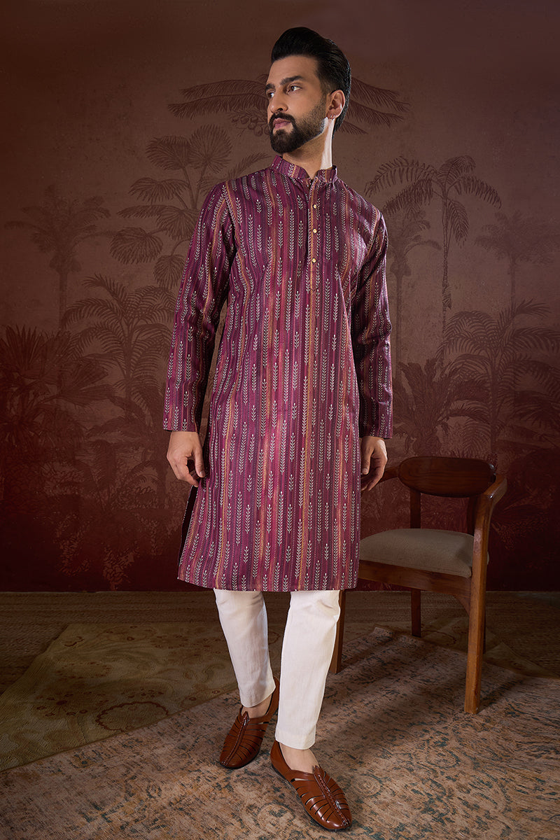 Purple Silk Blend Striped Printed Straight Kurta For Men | SHOBITAM