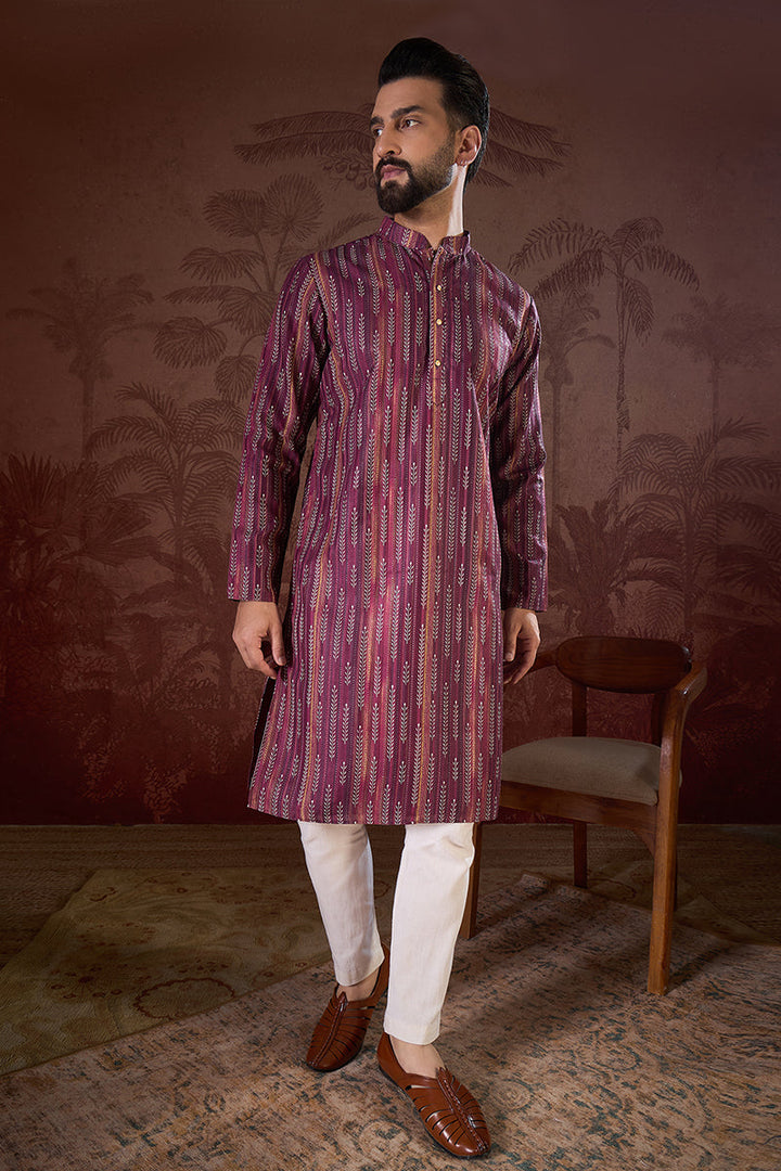 Purple Silk Blend Striped Printed Straight Kurta For Men | SHOBITAM