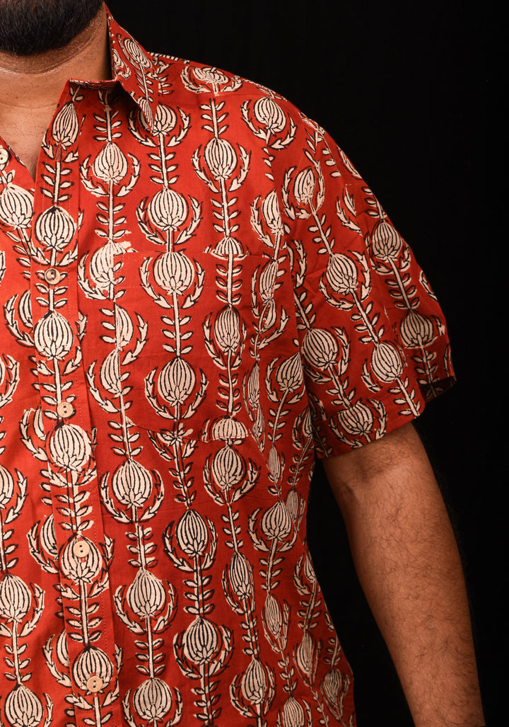 Red Black Bagru Handblock Printed Cotton Mens Shirt