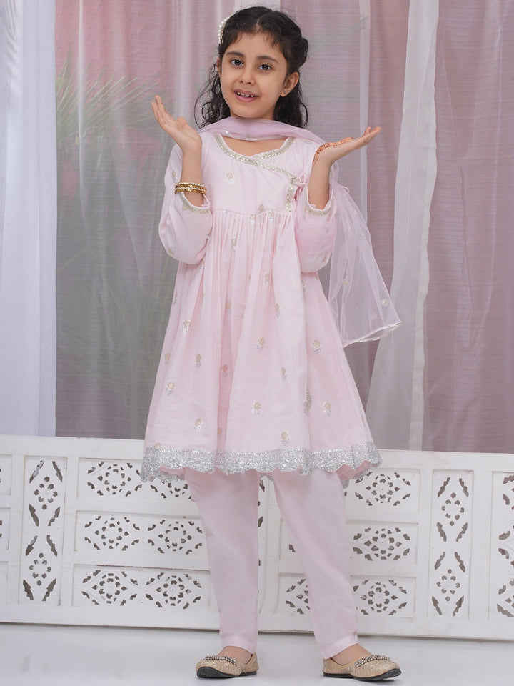Girls Cotton Three Fourth Sleeves Angrakha Kurta with Pyjami and Net Dupatta with Floral Zari Work - Pink