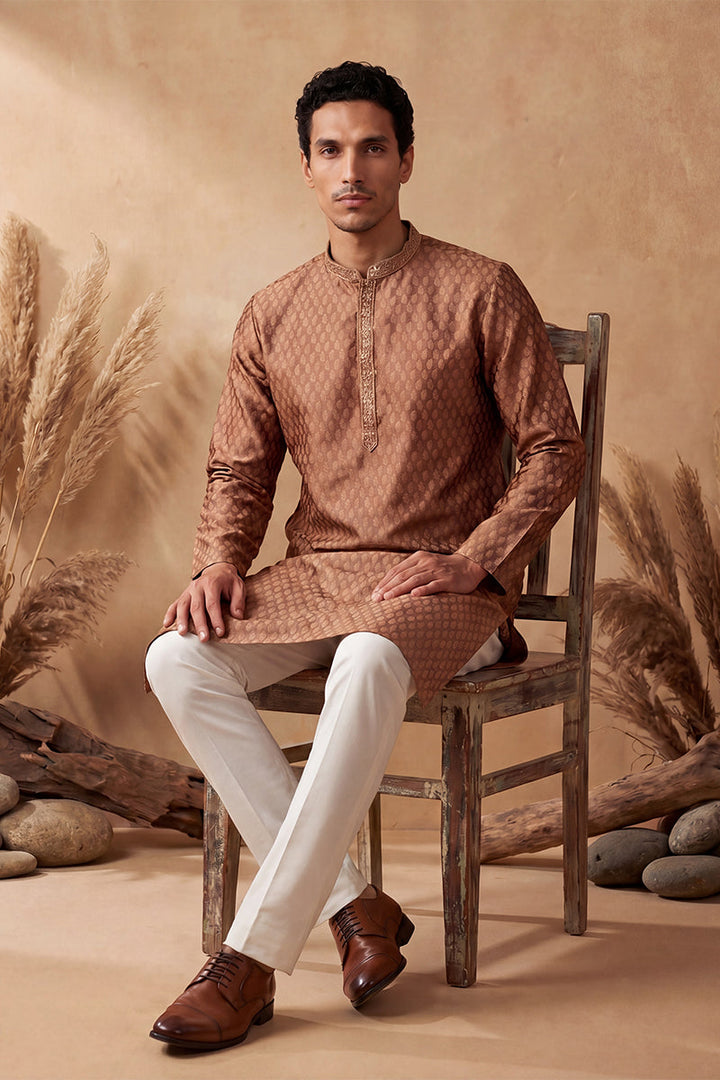 Mens Brown Jacquard Woven Design Straight Kurta With Trouser | SHOBITAM