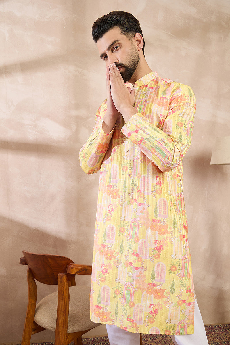 Yellow Silk Blend Abstract Printed Straight Kurta With Trouser | SHOBITAM