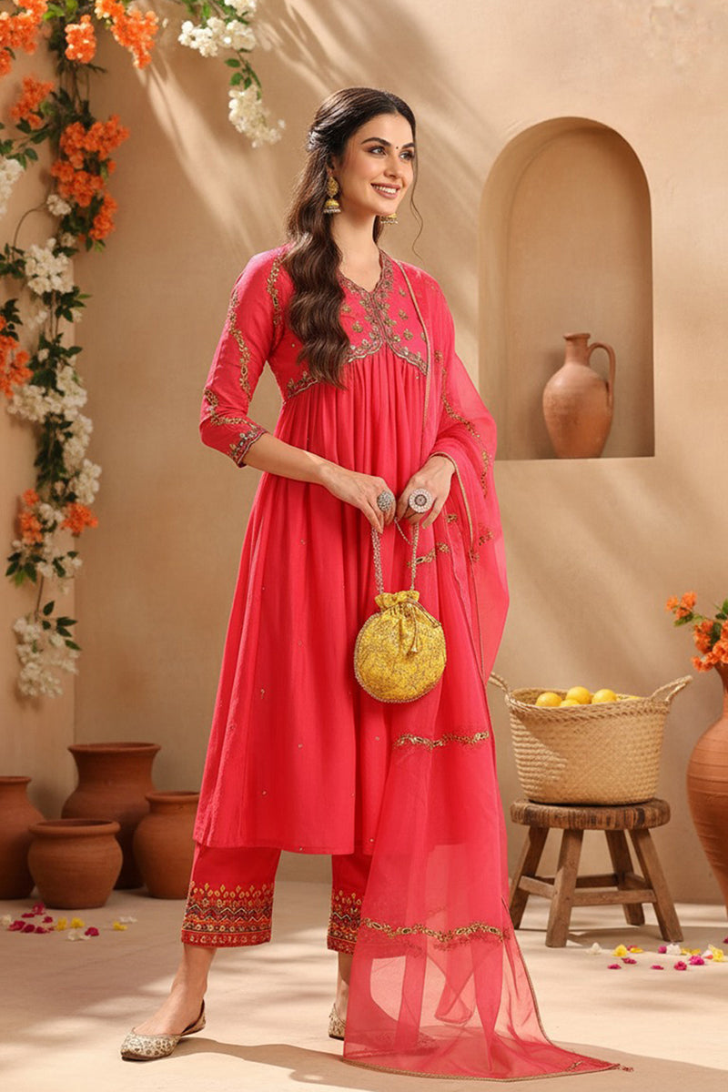 Pink Silk Blend Solid Embroidered Flared Suit Set | SHOBITAM
