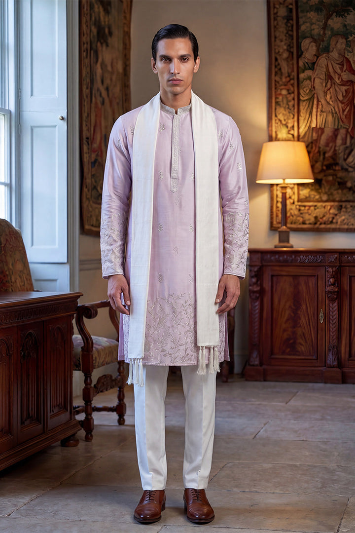 Men Lavender Silk Blend Floral Embroidered Straight Kurta Sets | SHOBITAM