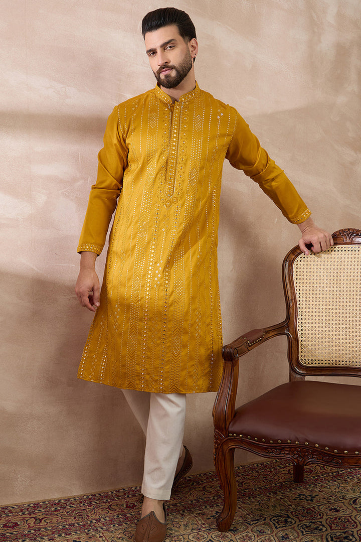 Mustard Silk Blend Embroidered Mandarin Collar Straight Kurta For Men | SHOBITAM