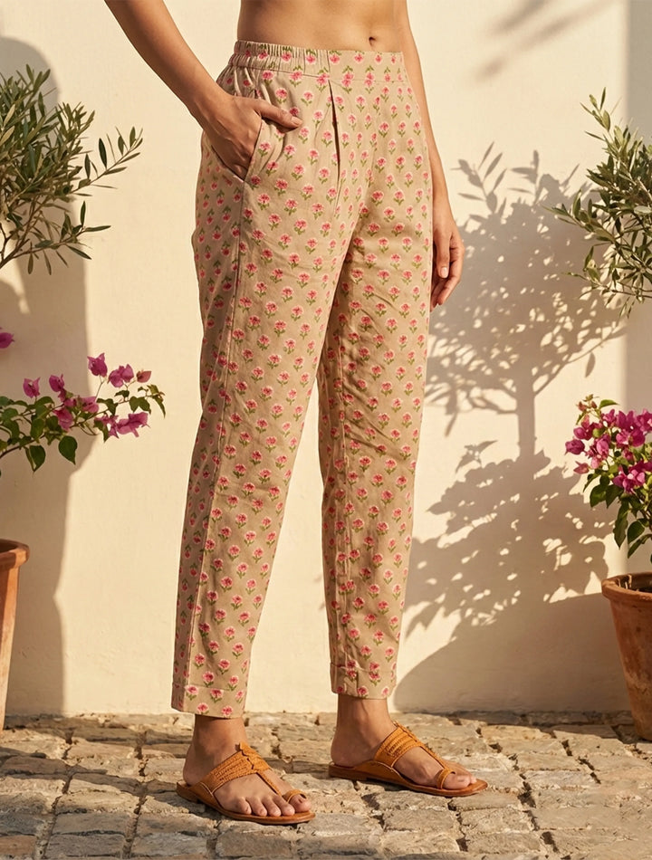 Beige Floral Print Straight Kurta Pant Dupatta Set | SHOBITAM