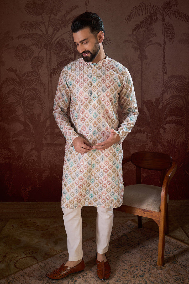 White Silk Blend Ethnic Motifs Printed Straight Kurta With Trouser | SHOBITAM
