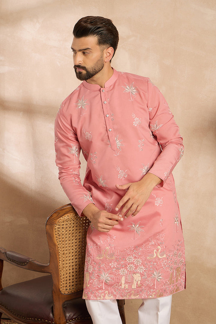 Pink Cotton Solid Embroidered Straight Kurta | SHOBITAM