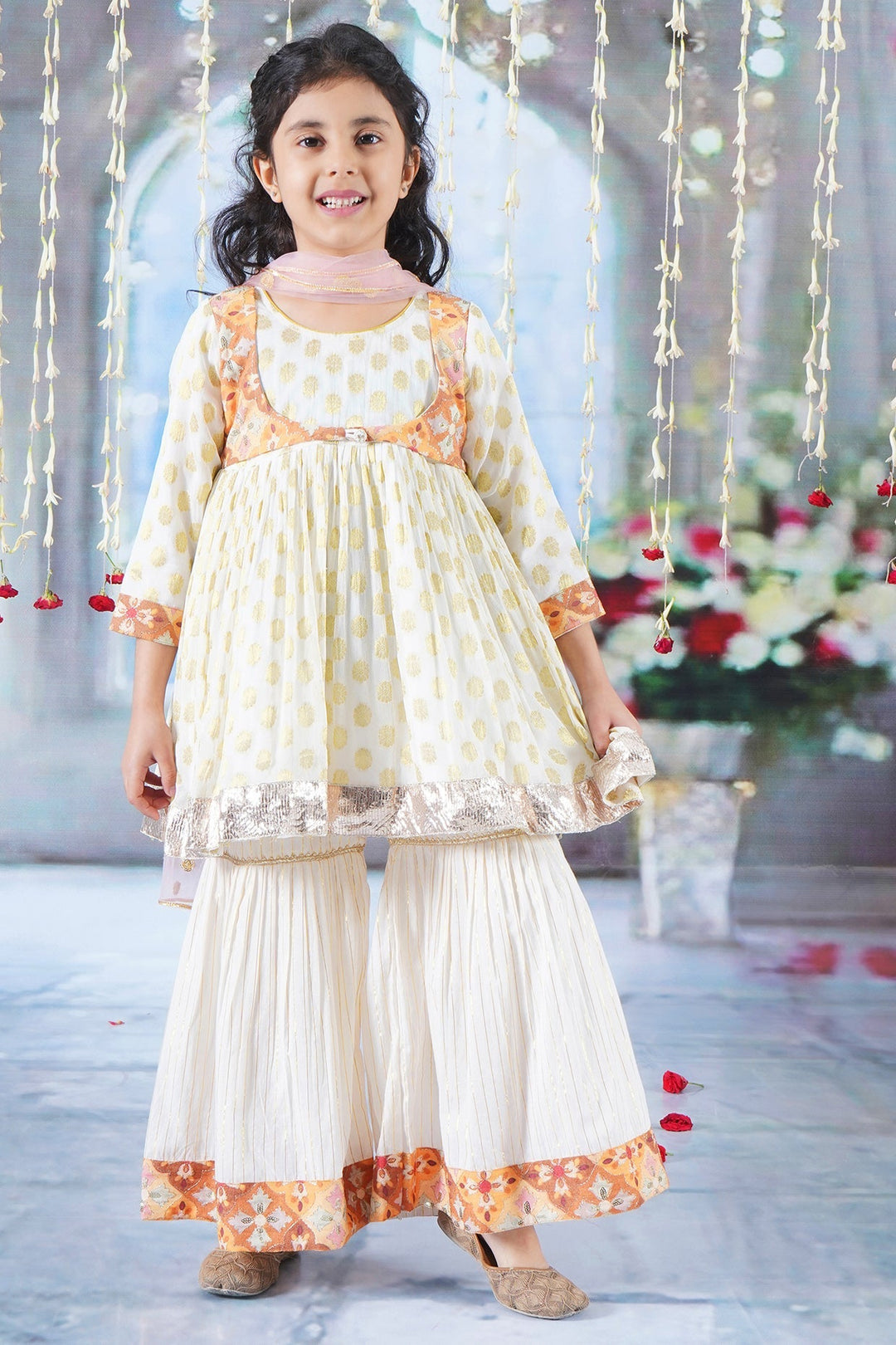 Girls Floral work Kurta with Sharara and Dupatta with Embroidery Work | SHOBITAM