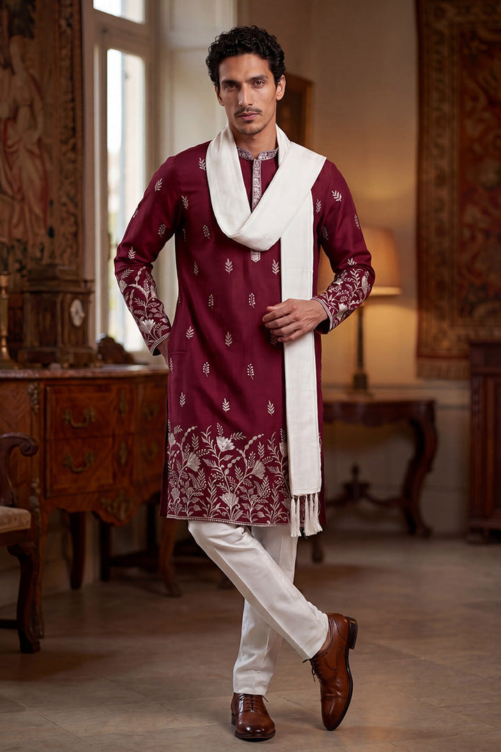 Men Maroon Silk Blend Solid Embroidered Straight Kurta Trouser with Dupatta | SHOBITAM