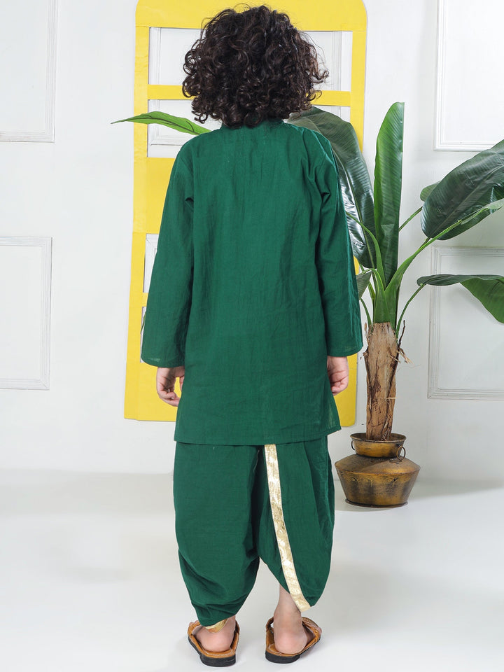 Green Minimal Zari Embroidery Cotton Kurta Dhoti set | SHOBITAM