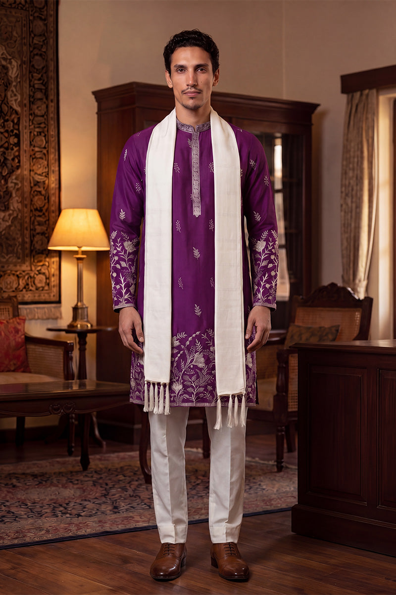 Men Purple Silk Blend Solid Embroidered Straight Kurta Trouser with Dupatta  | SHOBITAM
