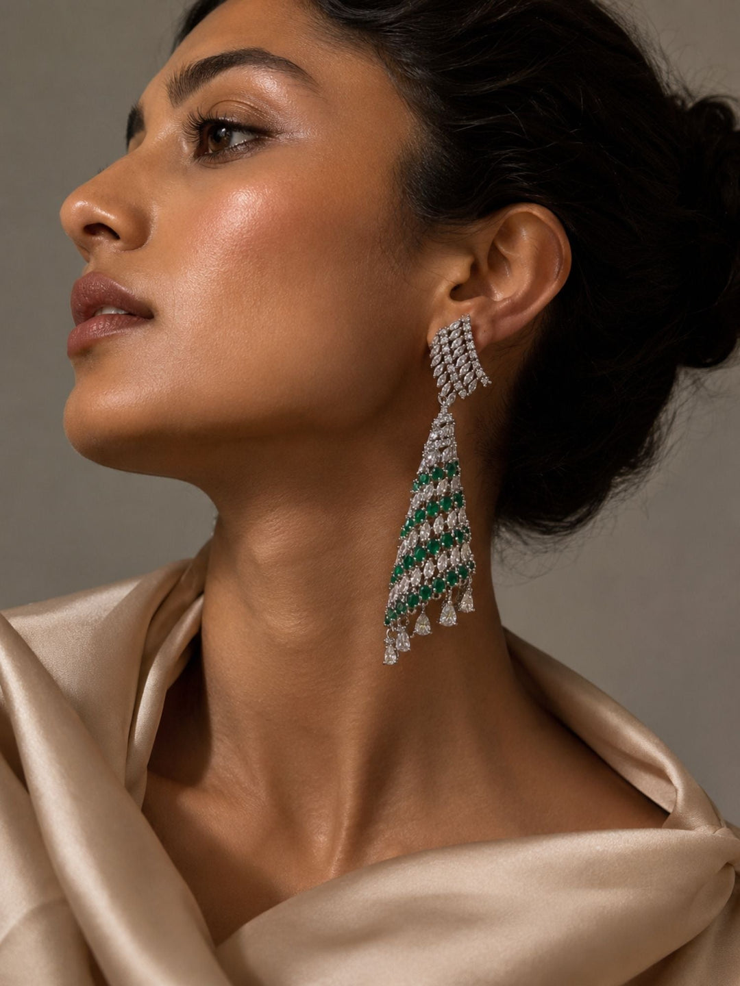 Emerald Green CZ Long Earrings in Silver Finish – Party Wear | SHOBITAM