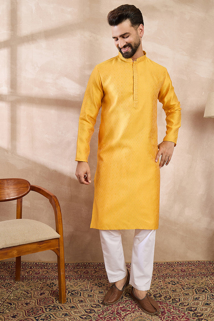 Yellow Silk Blend Solid Embroidered Straight Kurta With Trouser | SHOBITAM