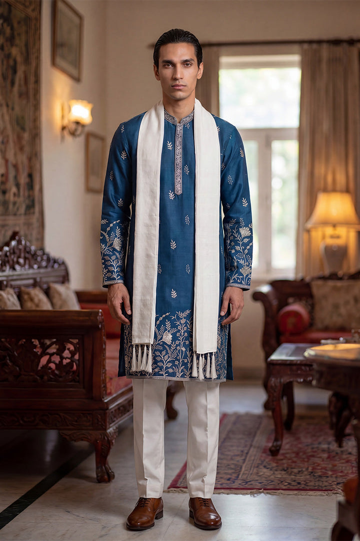 Men Blue Chanderi Silk Solid Embroidered Straight Kurta Trouser with Dupatta  | SHOBITAM