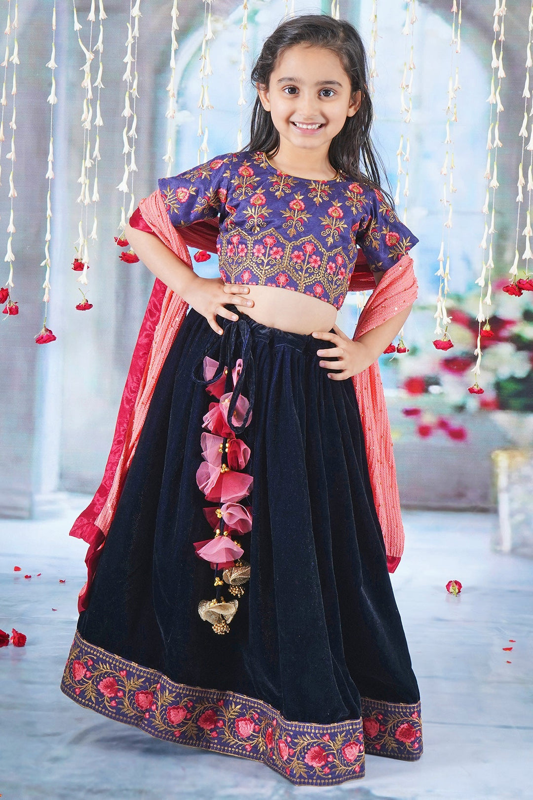Girl Bageecha Floral Thread work Blouse with Velvet Lehenga and Sequin moti work Dupatta, accompanied with Hand made tassel and Ghungroo work | SHOBITAM