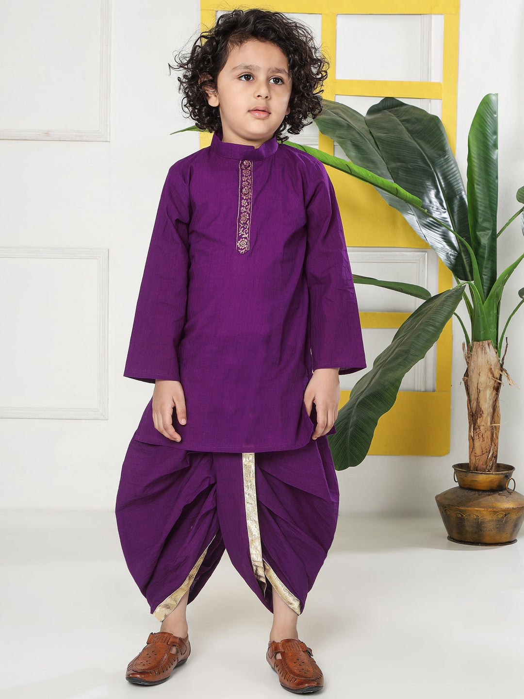 Purple Minimal Zari Embroidery Cotton Kurta Dhoti set | SHOBITAM