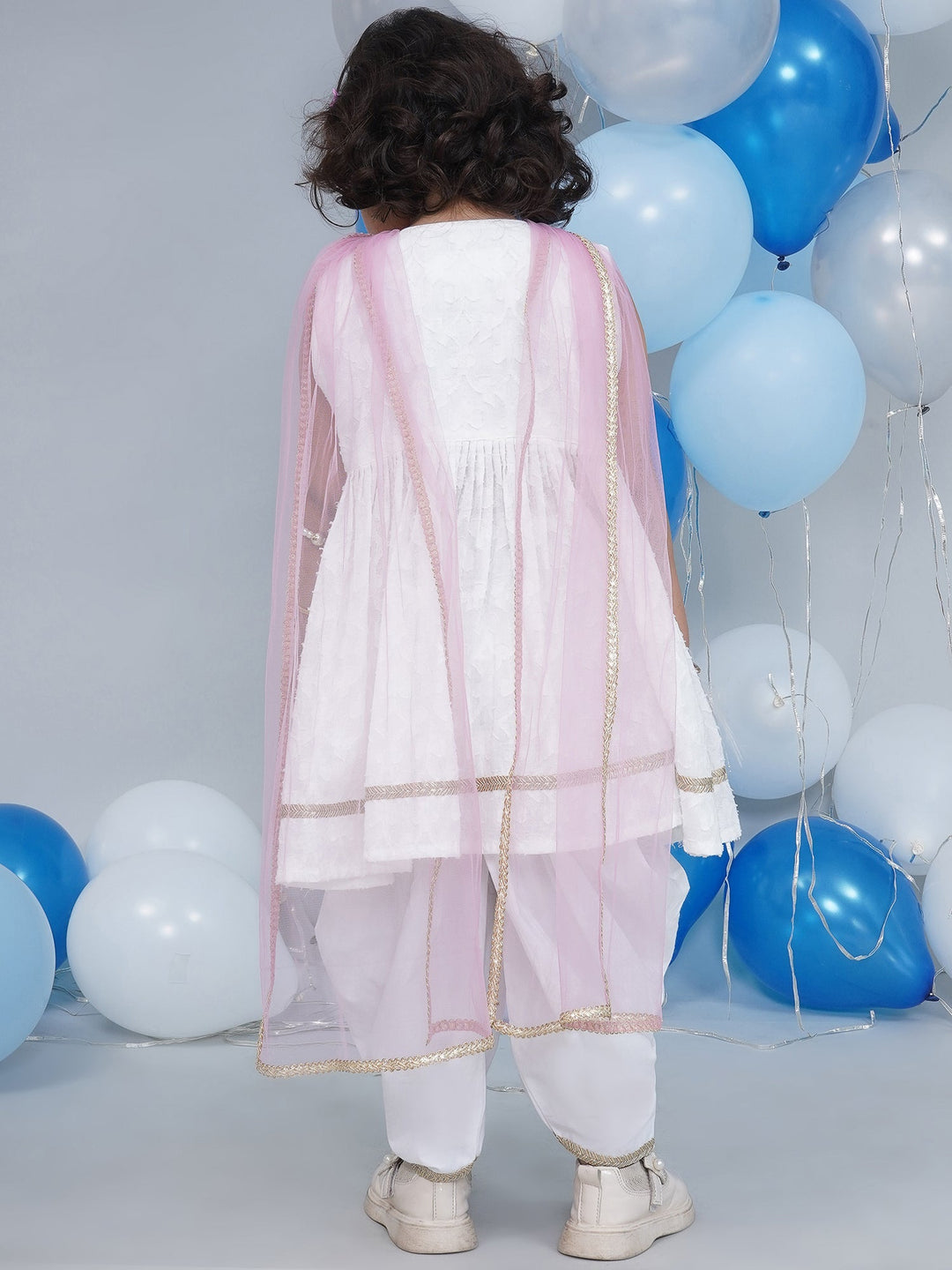 Girls Cotton Sleeveless Floral Self Weaving Kurta with Floral Applique work and Salwar with Dupatta - White