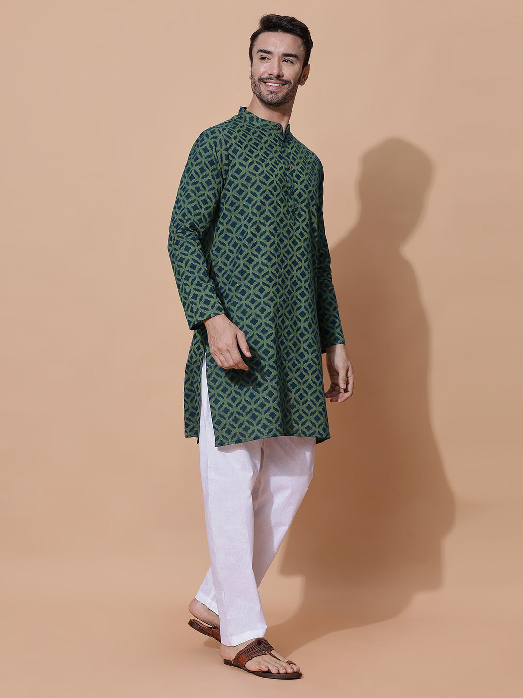 Vantara Men Handloom Jacquard Cotton Long Kurta in Green