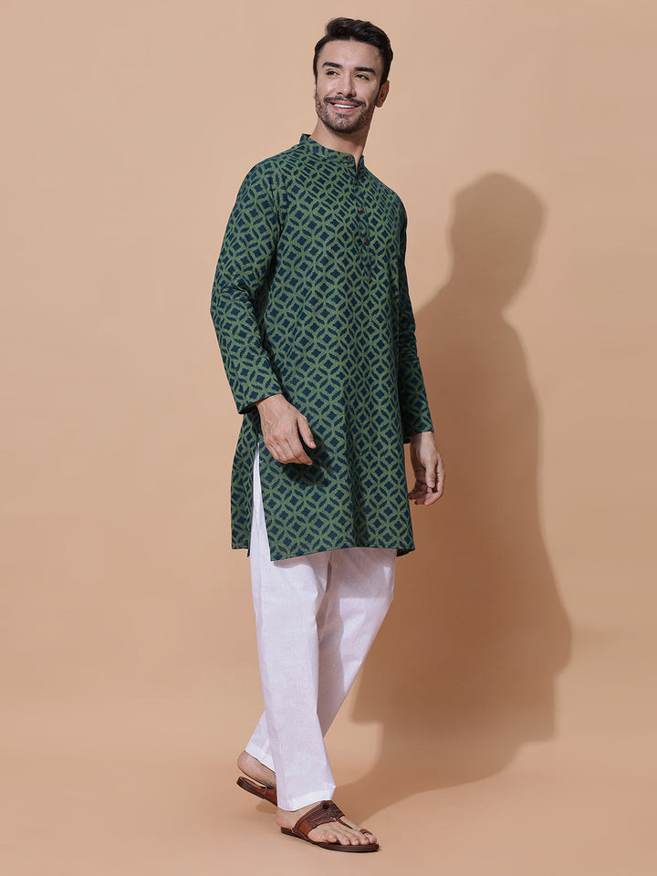 Vantara Men Handloom Jacquard Cotton Long Kurta in Green