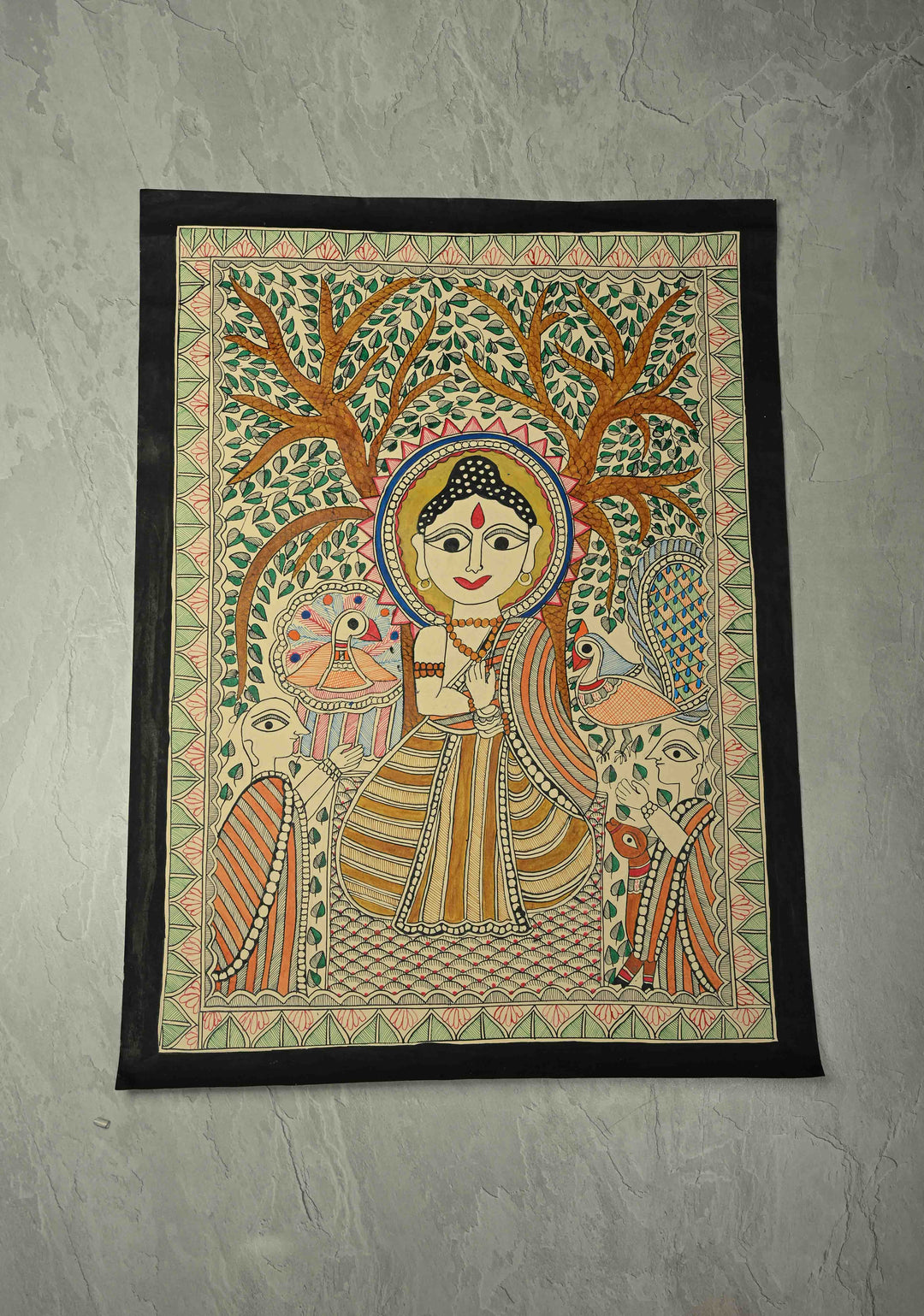 Buddha under the Bodhi Tree on Madhubani wall painting,Unframed,30 x 22 | SHOBITAM