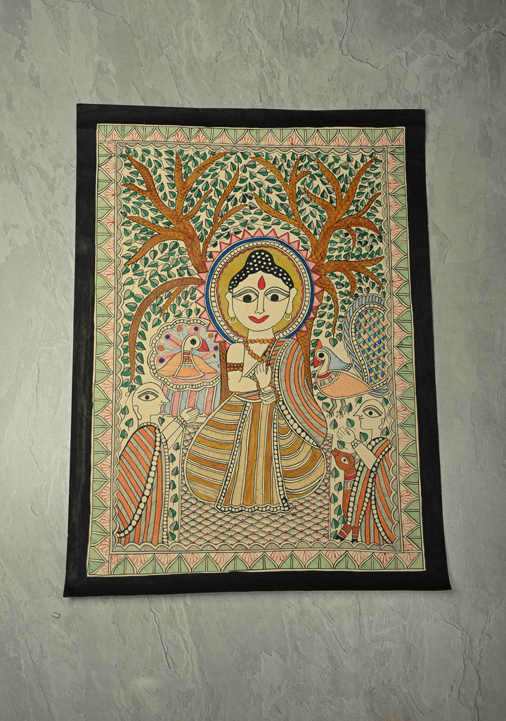 Buddha under the Bodhi Tree on Madhubani wall painting,Unframed,30 x 22 | SHOBITAM