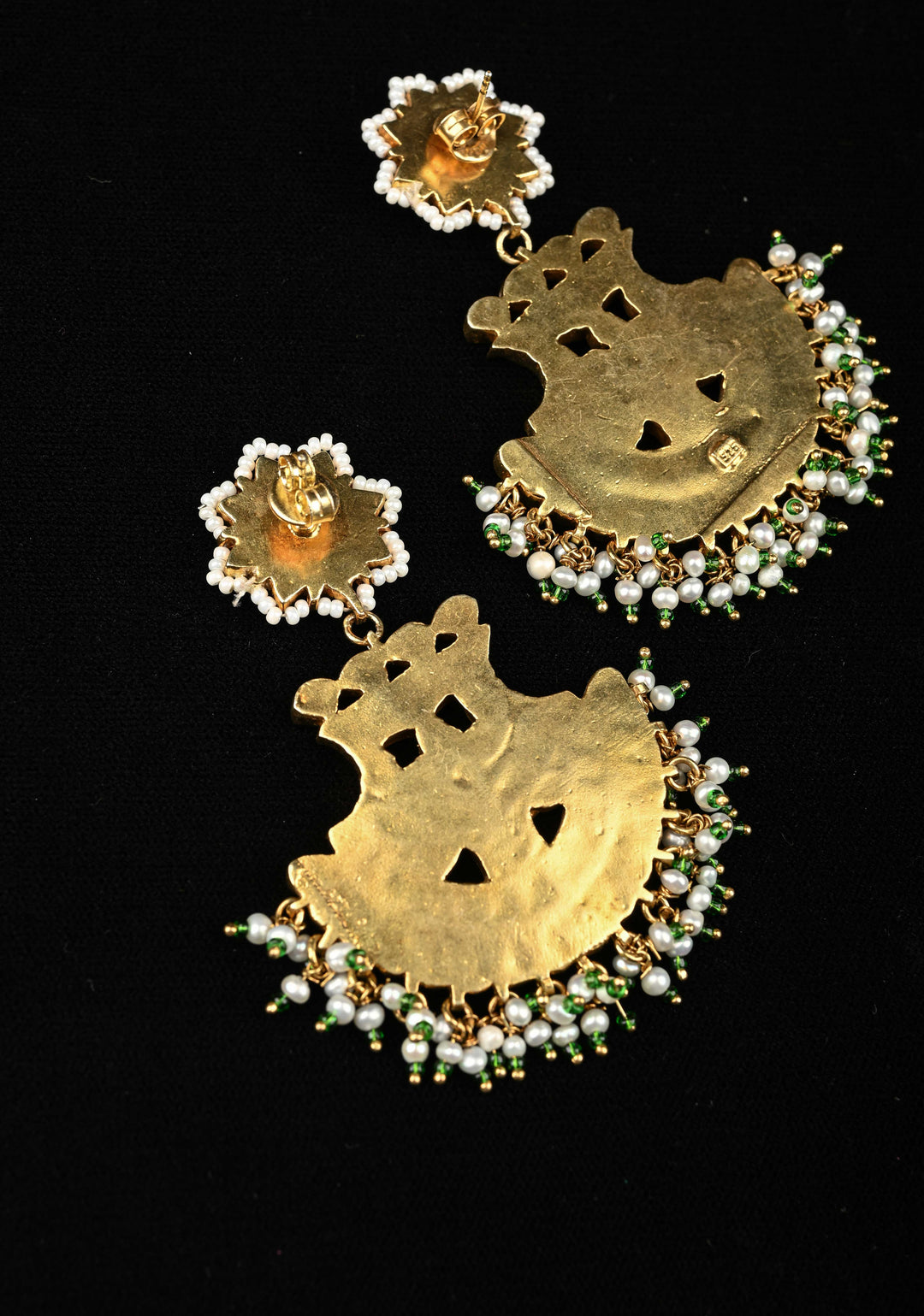 92.5 Pure Silver, Gold-Plated Polki Chandbali Earrings with Pearls and Green Beads