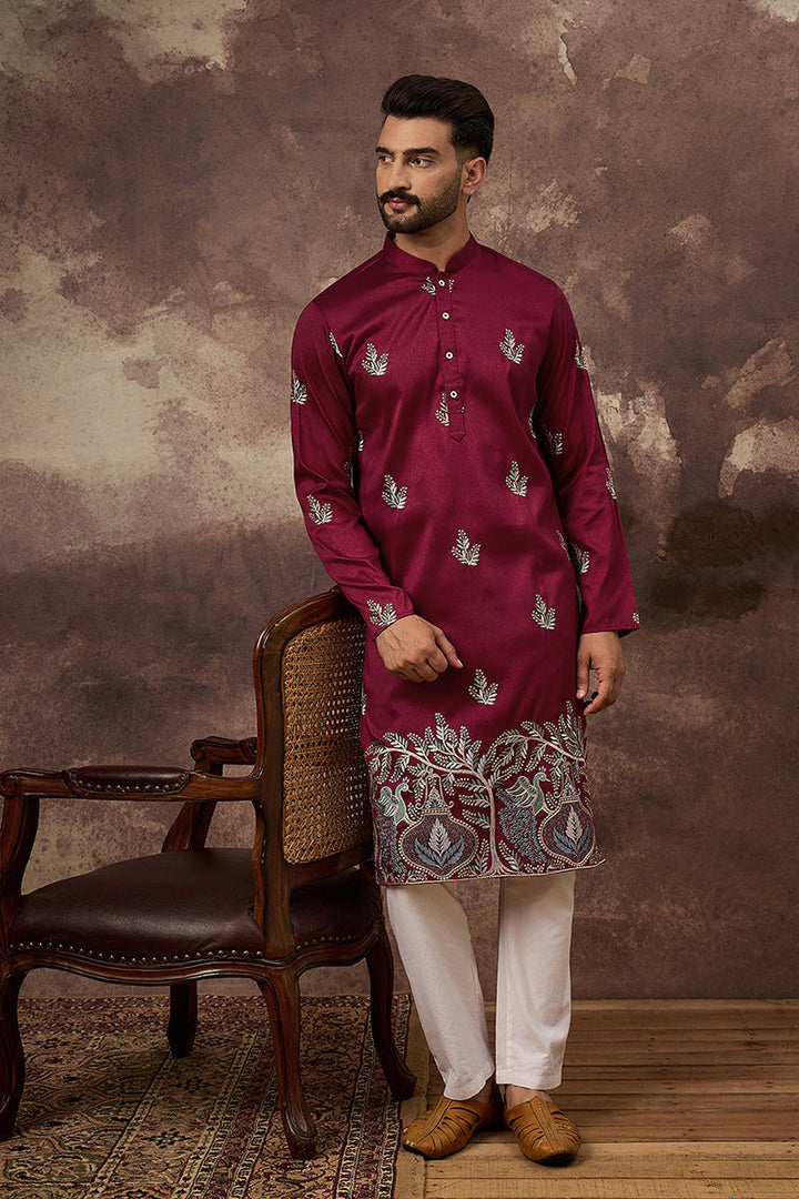 Maroon Silk Blend Solid Embroidered Straight Kurta with Trouser  | SHOBITAM