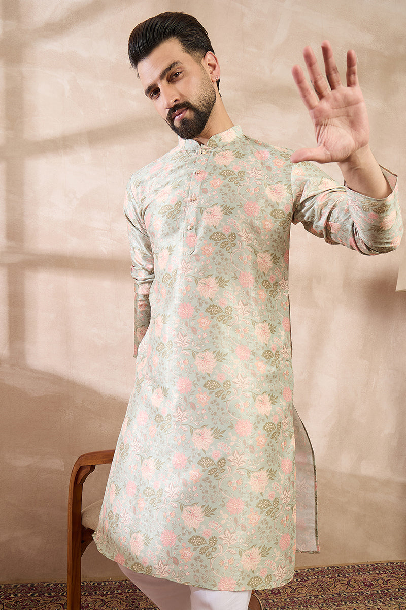 Green Silk Blend Floral Printed Straight Kurta With Trouser | SHOBITAM