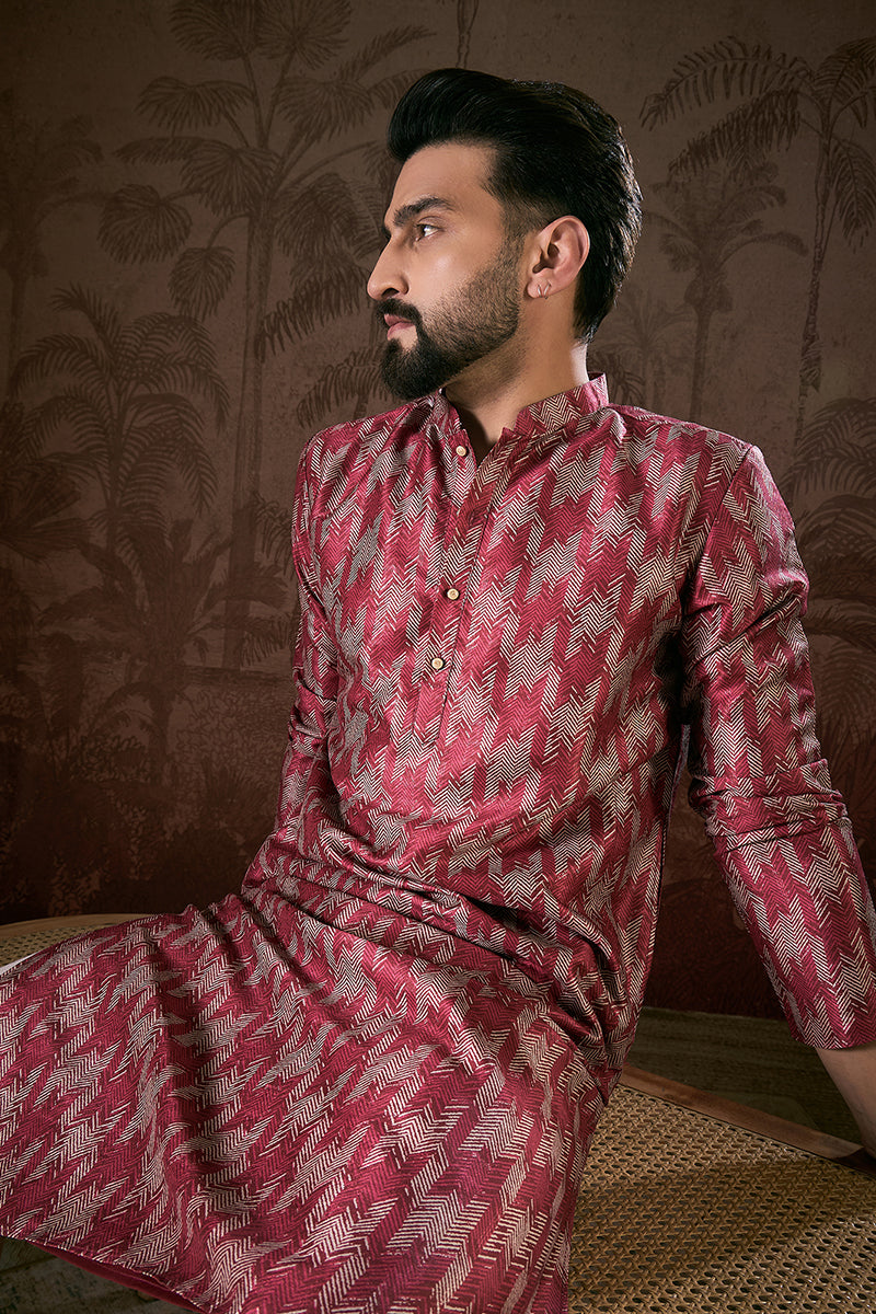 Maroon Silk Blend Chevron Printed Straight Kurta For Men | SHOBITAM