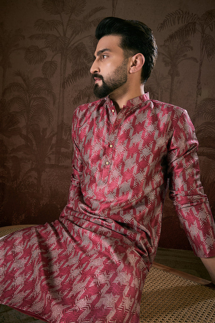 Maroon Silk Blend Chevron Printed Straight Kurta For Men | SHOBITAM