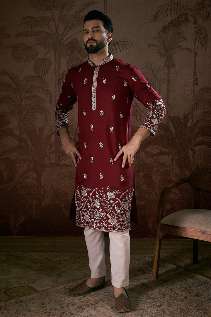 Maroon Silk Blend Solid Embroidered Straight Kurta With Trouser | SHOBITAM