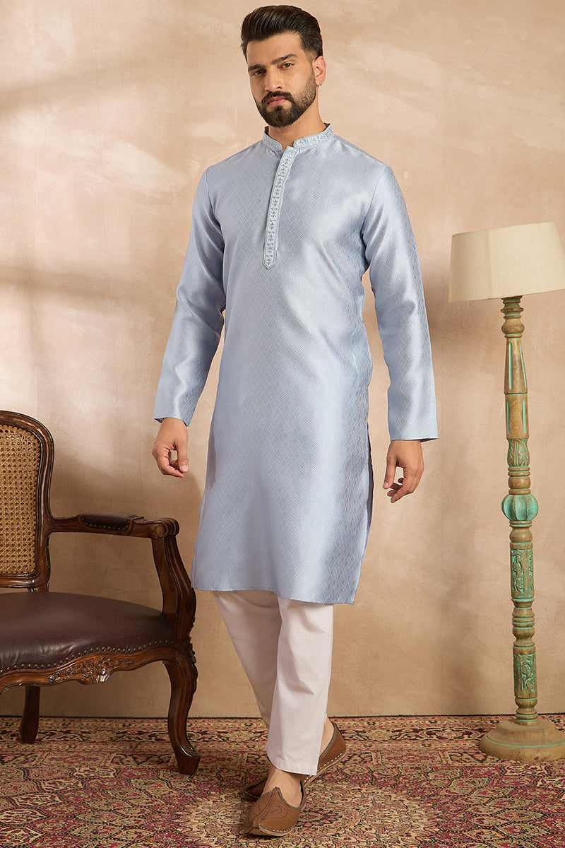 Blue Polyester Solid Embroidered Straight Kurta With Trouser For Men | SHOBITAM