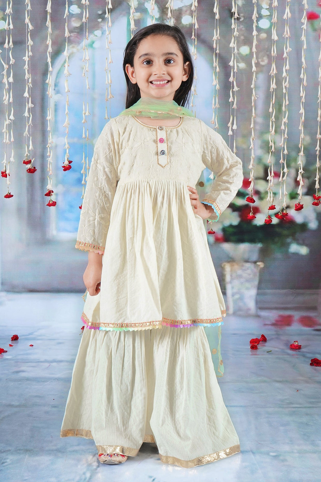 Girls Cotton Three Fourth Sleeves Kurta Sharara and Dupatta with Floral Embroidery, Kantha and Lace work with Rajasthani Lac Buttons - Seashell Cream| SHOBITAM