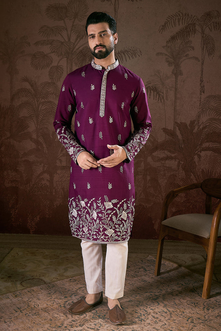 Purple Silk Blend Solid Embroidered Straight Kurta With Trouser | SHOBITAM