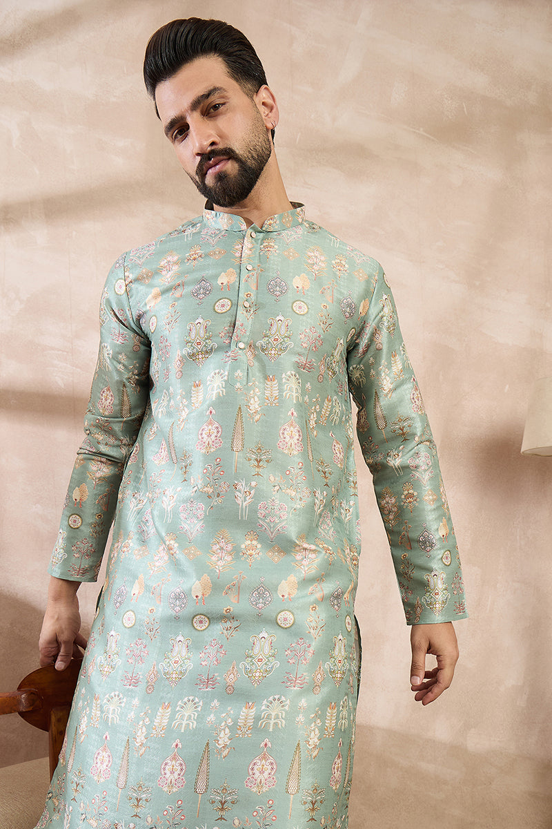 Green Silk Blend Floral Printed Straight Kurta With Trouser | SHOBITAM