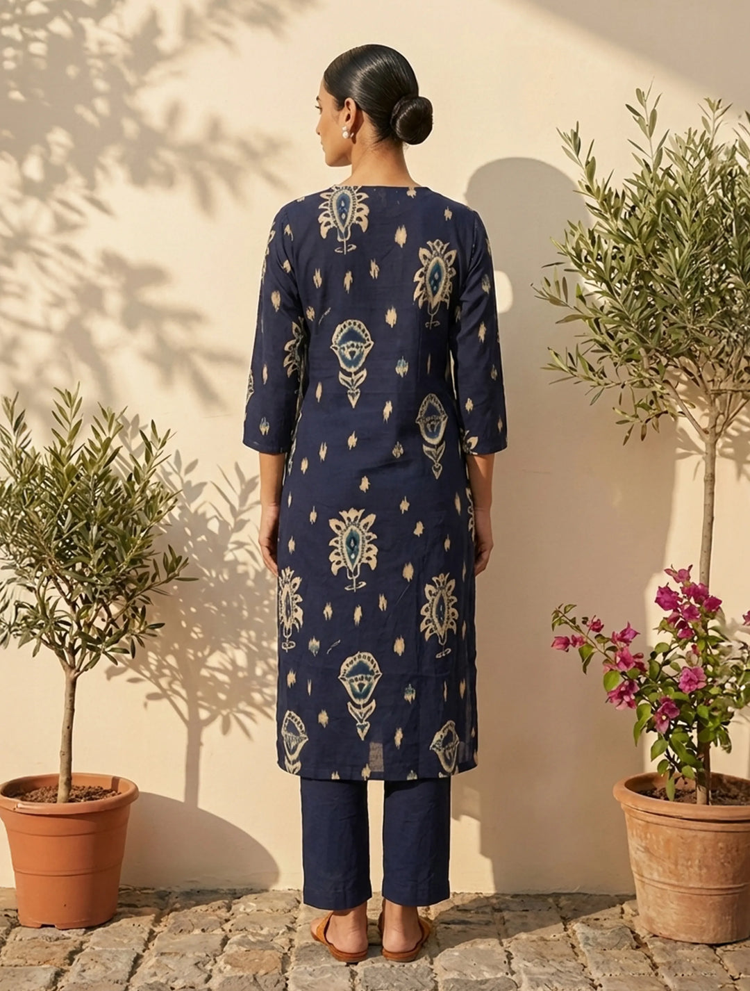 Blue Print Embroidered Round With V-Neck Kurta Pant Dupatta Set | SHOBITAM