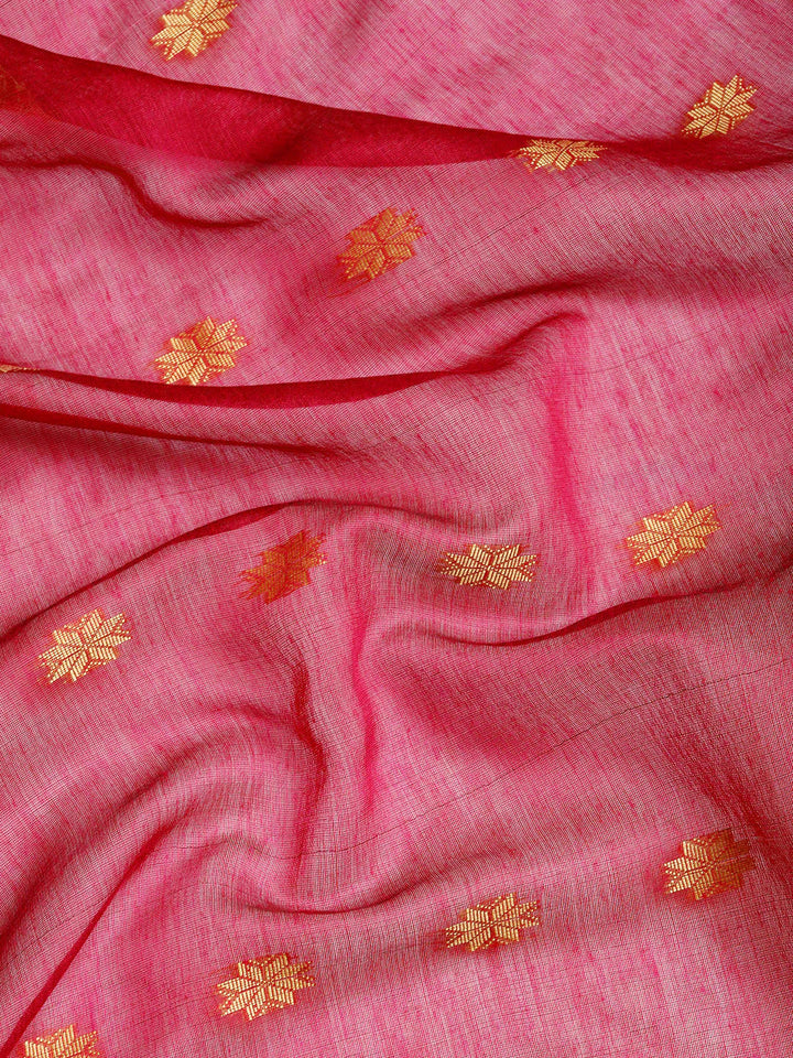 Magenta and Grey Zari Buti Silk Cotton Saree with Zari Border and Blouse Piece