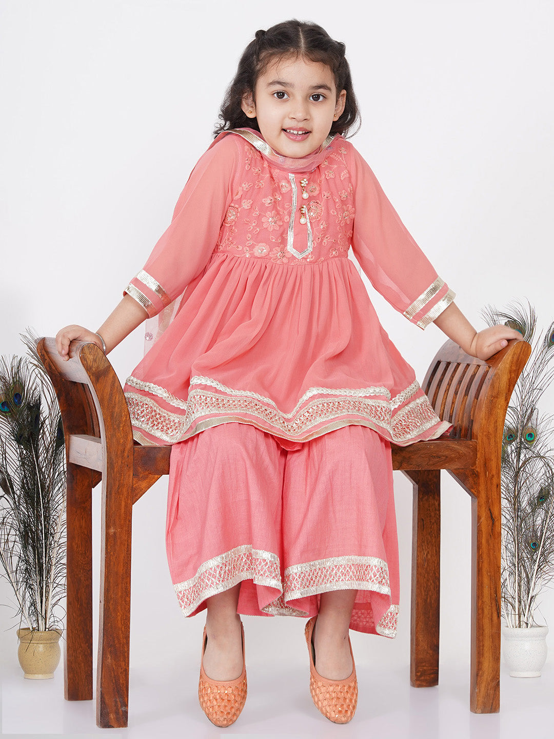 Girls jaipuri Lacework and Gotta Patti work Kurta frock with Sharara and Dupatta | SHOBITAM