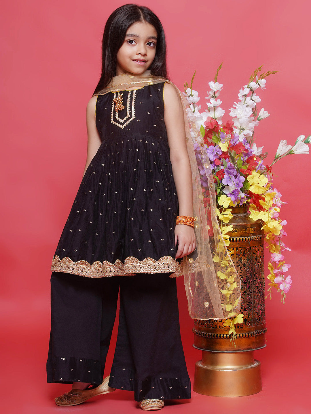 Chanderi Cotton Sleeveless Zari Boota & Lace Embellished Kurta Frock with Plazzo and Dupatta - Black | SHOBITAM