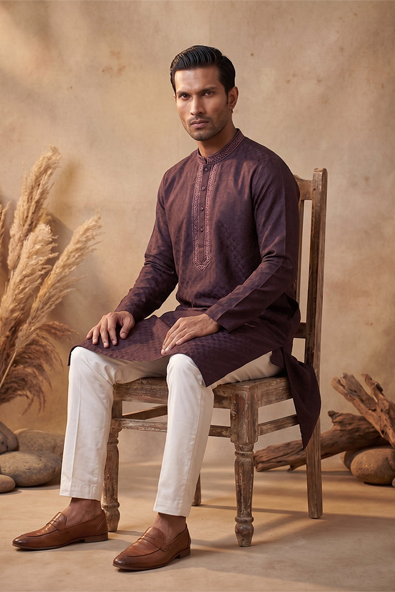 Mens Purple Silk Blend Woven Design Straight Kurta With Trouser | SHOBITAM