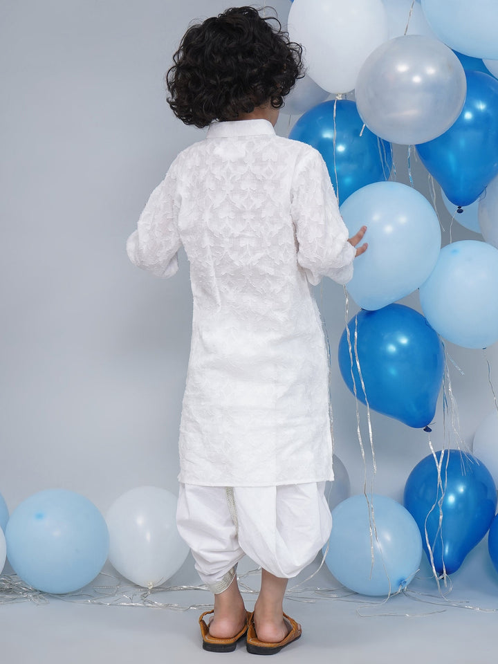Boys Cotton Full Sleeves Self Weaving Kurta with Dhoti and Pearl Buttons - White | SHOBITAM