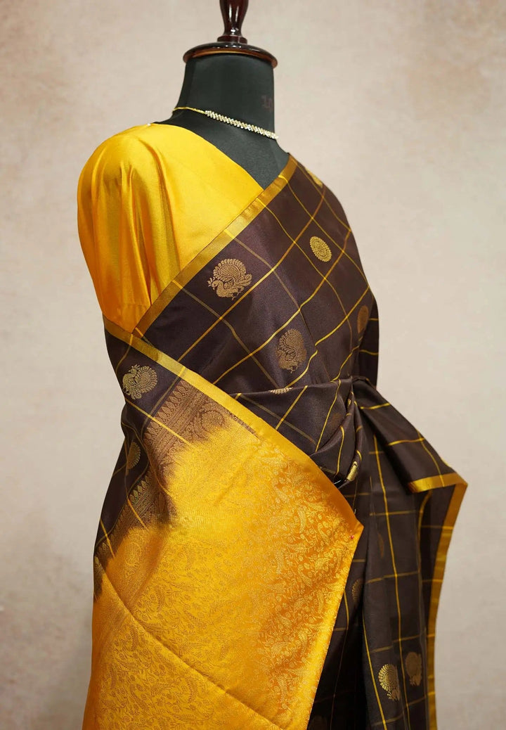 Preorder : Coffee brown Art Silk Saree with rudraksham mayil kattam body | SHOBITAM