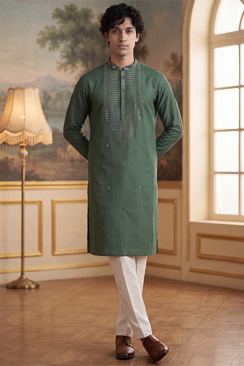 Mens Green Silk Blend Solid Emboidered Sequins Kurta With Trouser | SHOBITAM