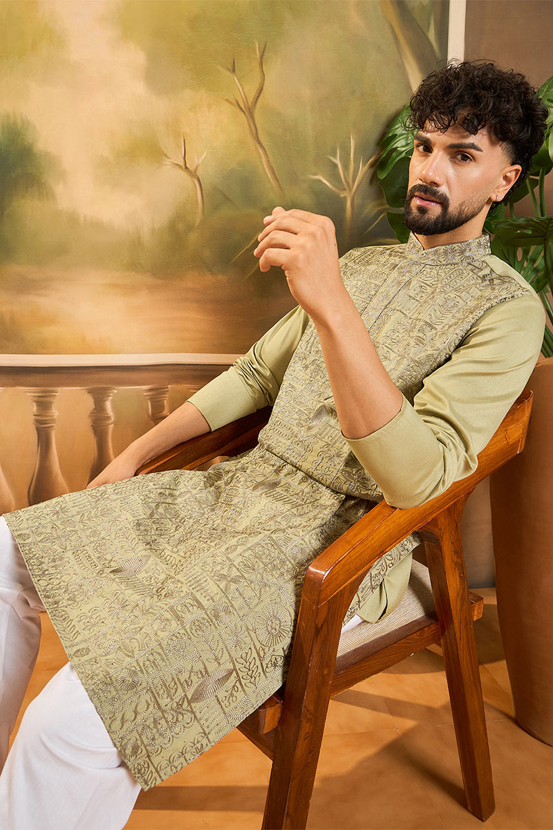 Green Silk Blend Solid Embroidered Straight Kurta | SHOBITAM
