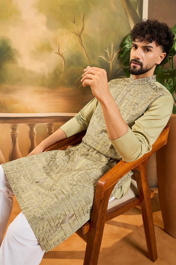 Green Silk Blend Solid Embroidered Straight Kurta | SHOBITAM
